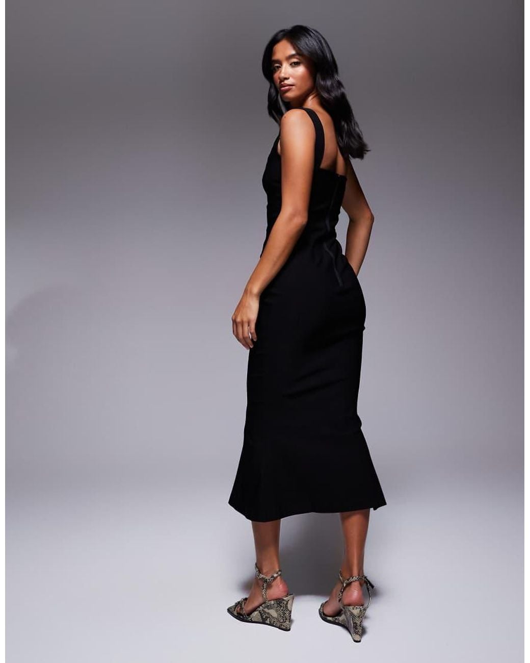 Vesper Petite Black Bengaline Sleeveless Square Neck Fishtail Midi Dress