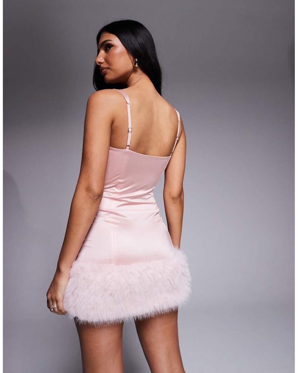 Oh Polly Purple Satin Square Neck Corset Faux Fur Trim Mini Dress