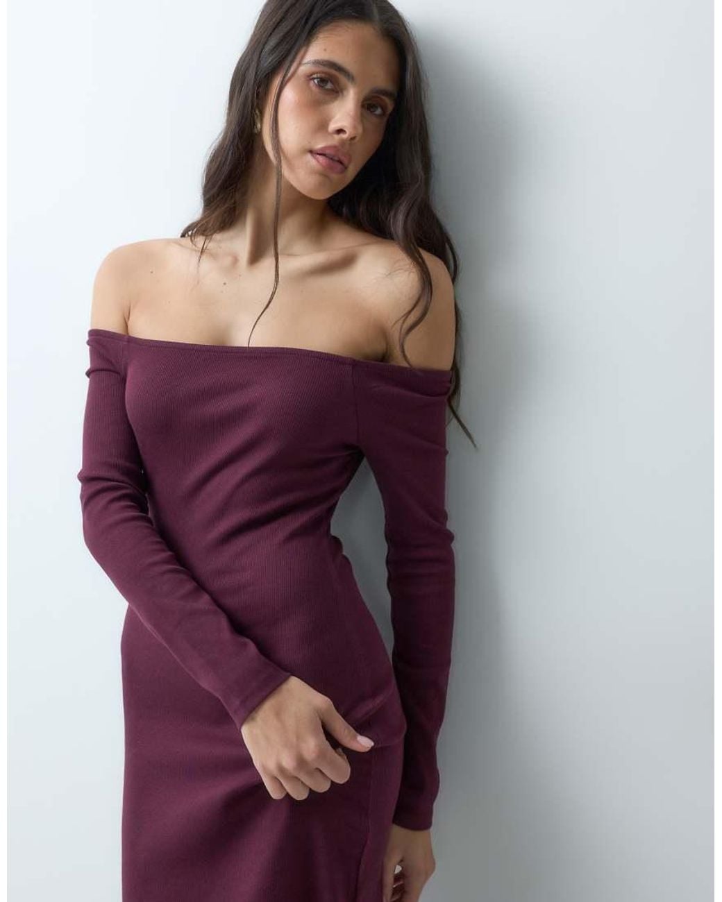 ASOS Purple Off Shoulder Rib Midi Dress