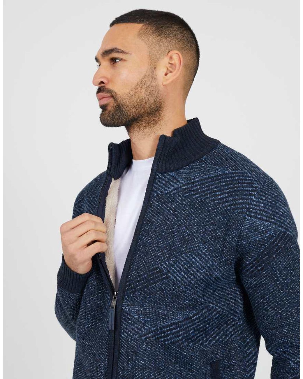 Brave Soul Blue Funnel Neck Zip Through Knitted Jumper for men
