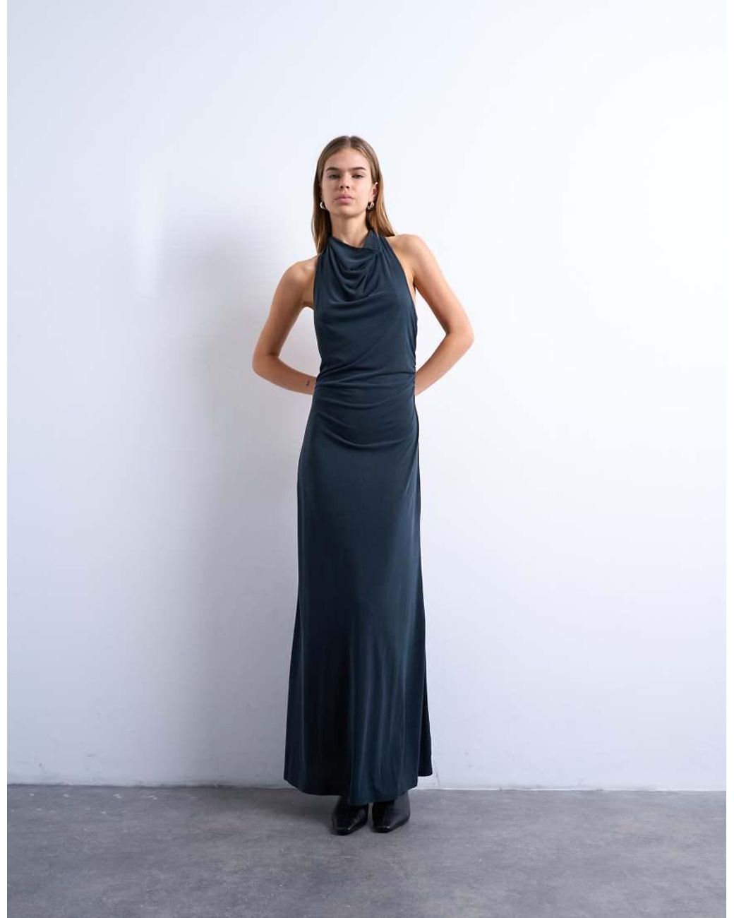 TOPSHOP Blue Cupro Open Cowl Back Maxi Dress