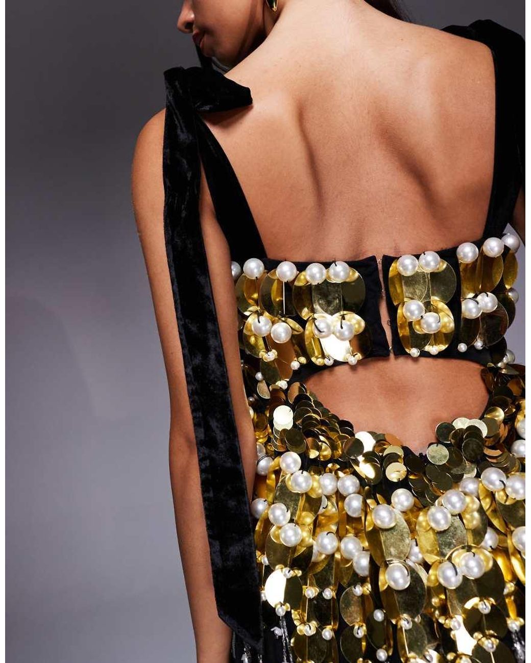 ASOS Black Embellished Gold And Baby Doll Mini Dress With Velvet Tie Straps