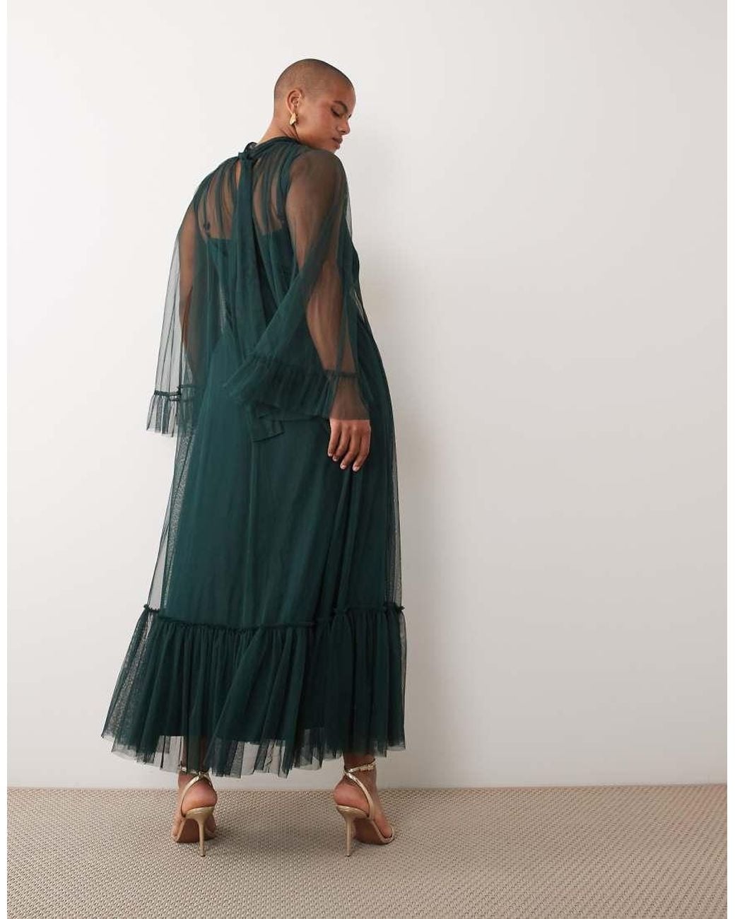 Lace & Beads Plus Green Sheer Tulle High Neck Bell Sleeve Ruffle Trim Maxi Dress