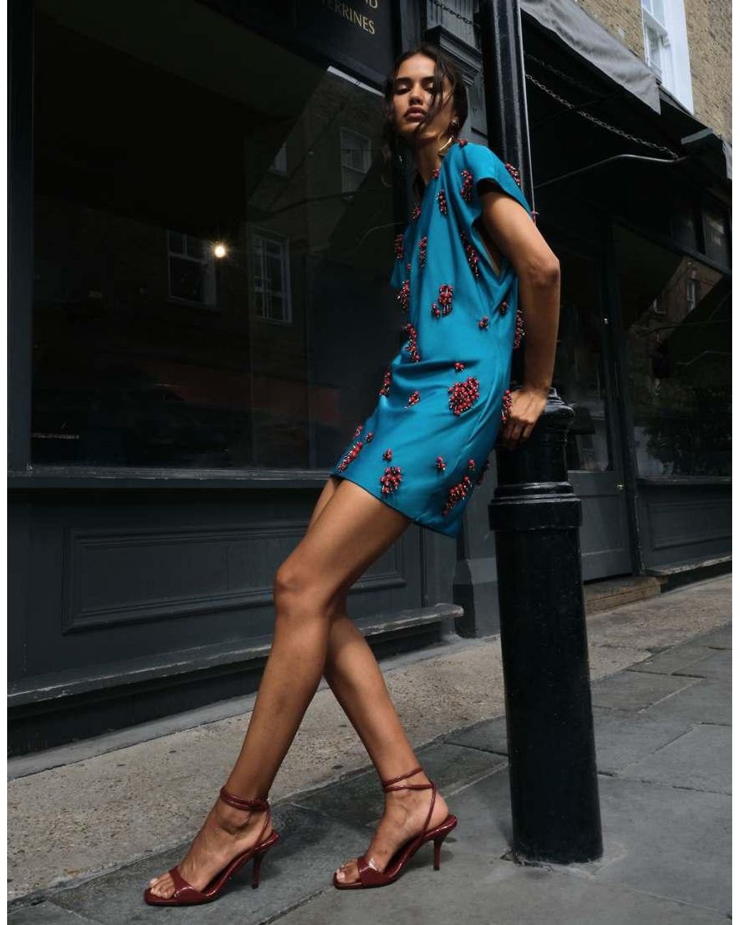 ASOS Blue Open Back Cluster Embellished Mini T-shirt Dress