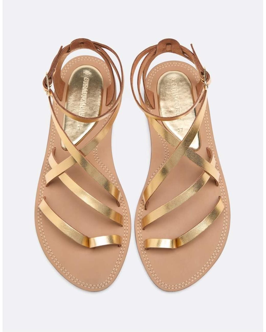 Stradivarius Natural Flat Leather Tie-up Sandals