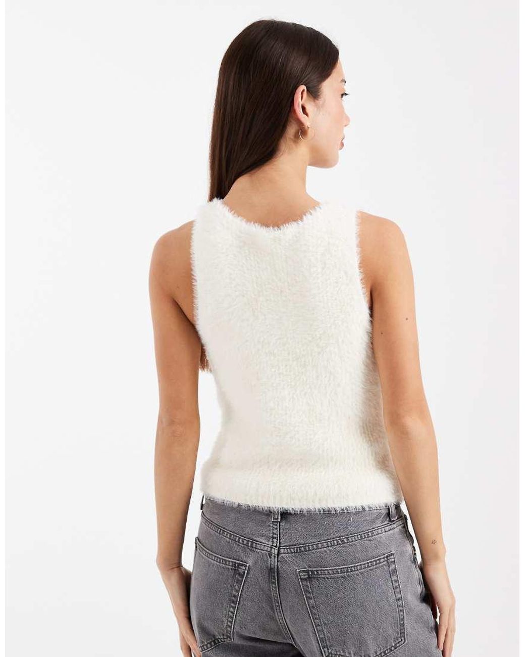 Collusion Knitted Fluffy Racer Singlet-white