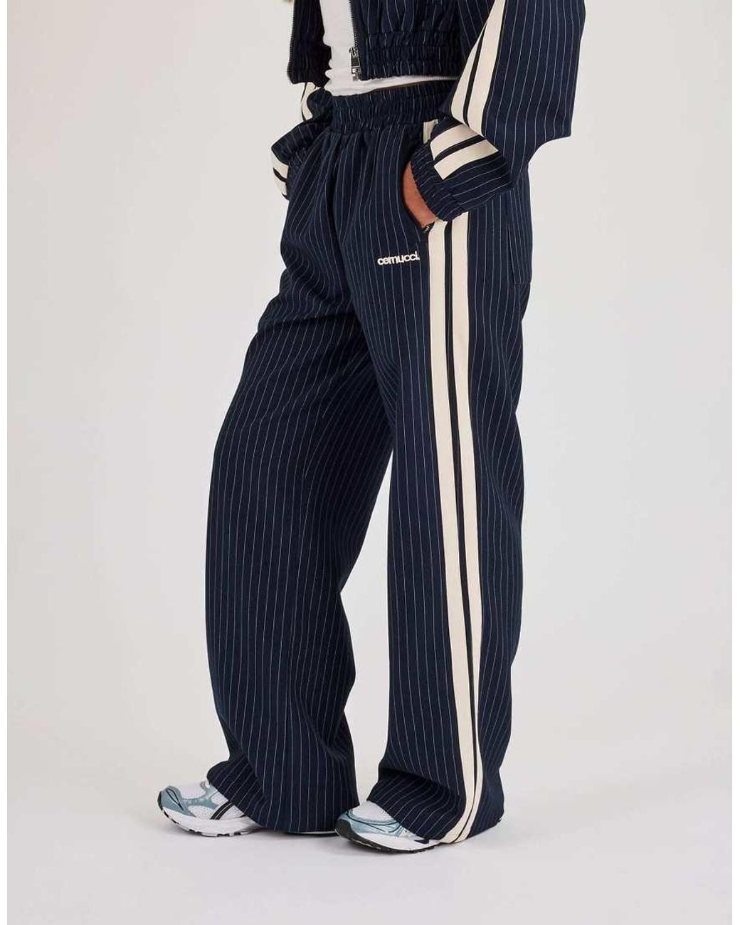 CERNUCCI Blue Pinstripe Taping Wide Leg Track Pant