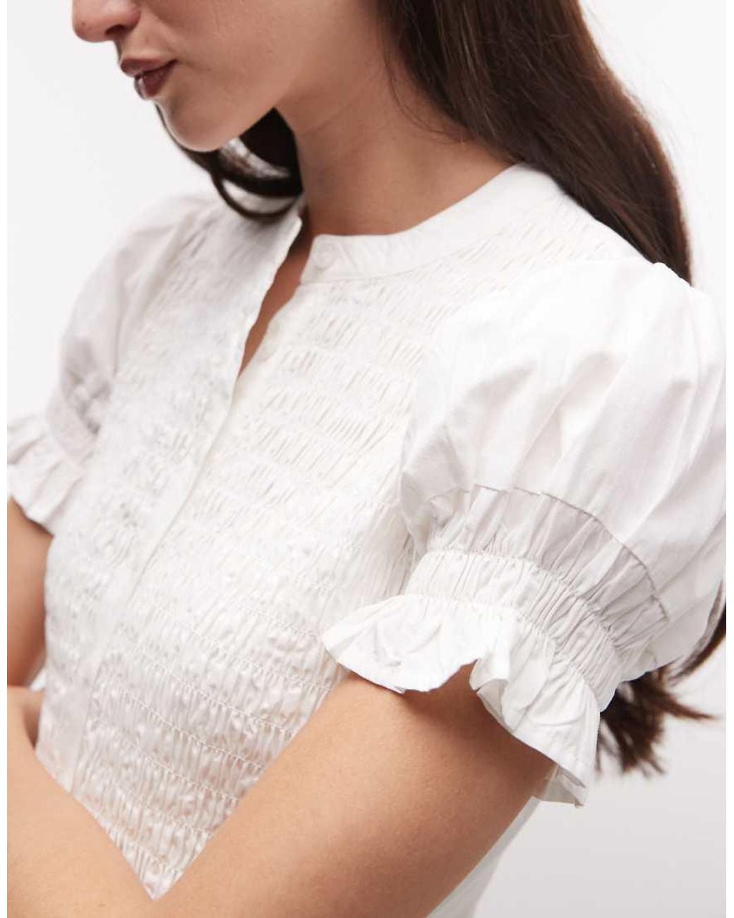 Collusion White Shirred Button Mini Shirt Dress