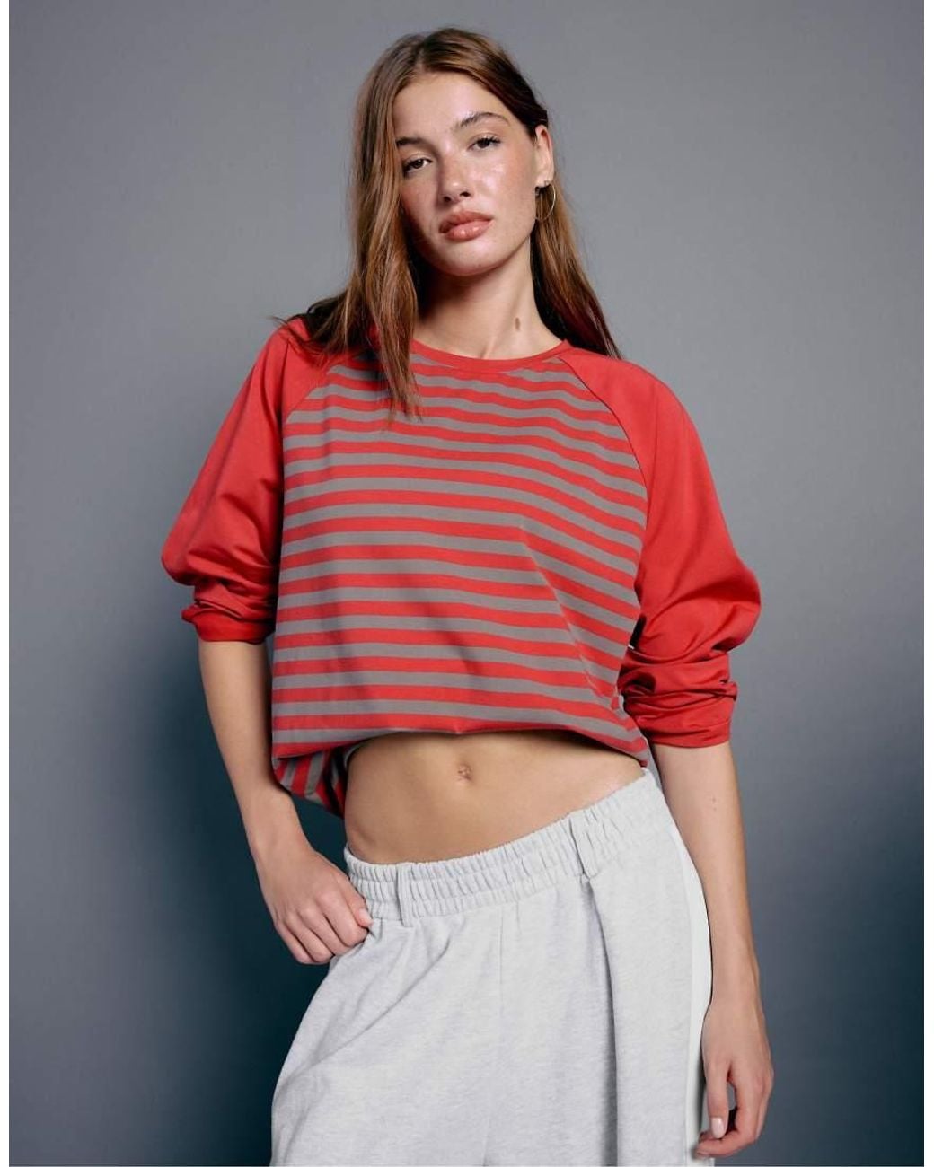 Stradivarius Red Striped Raglan Sleeve T-Shirt