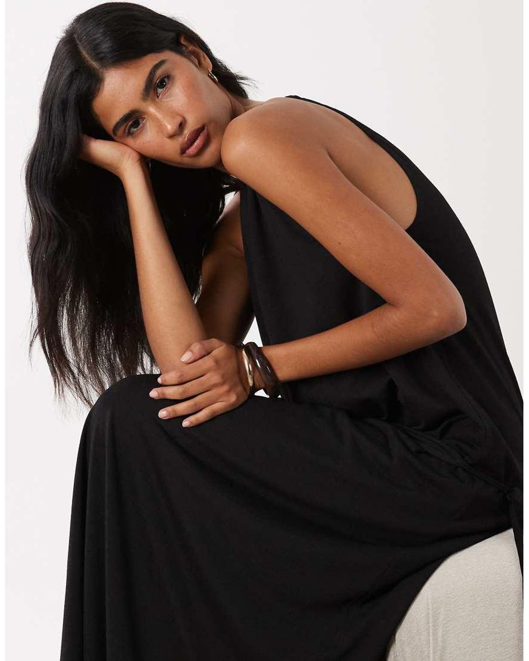ASOS Black Textured Jersey Wrap Scarf Detail Maxi Dress