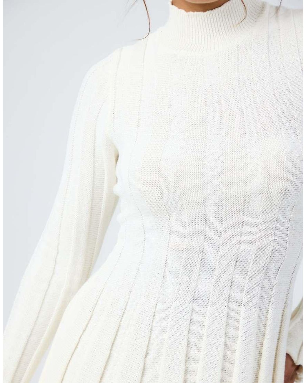Aria Cove Gray Knitted High Neck Wide Rib Pleat Hem Mini Dress