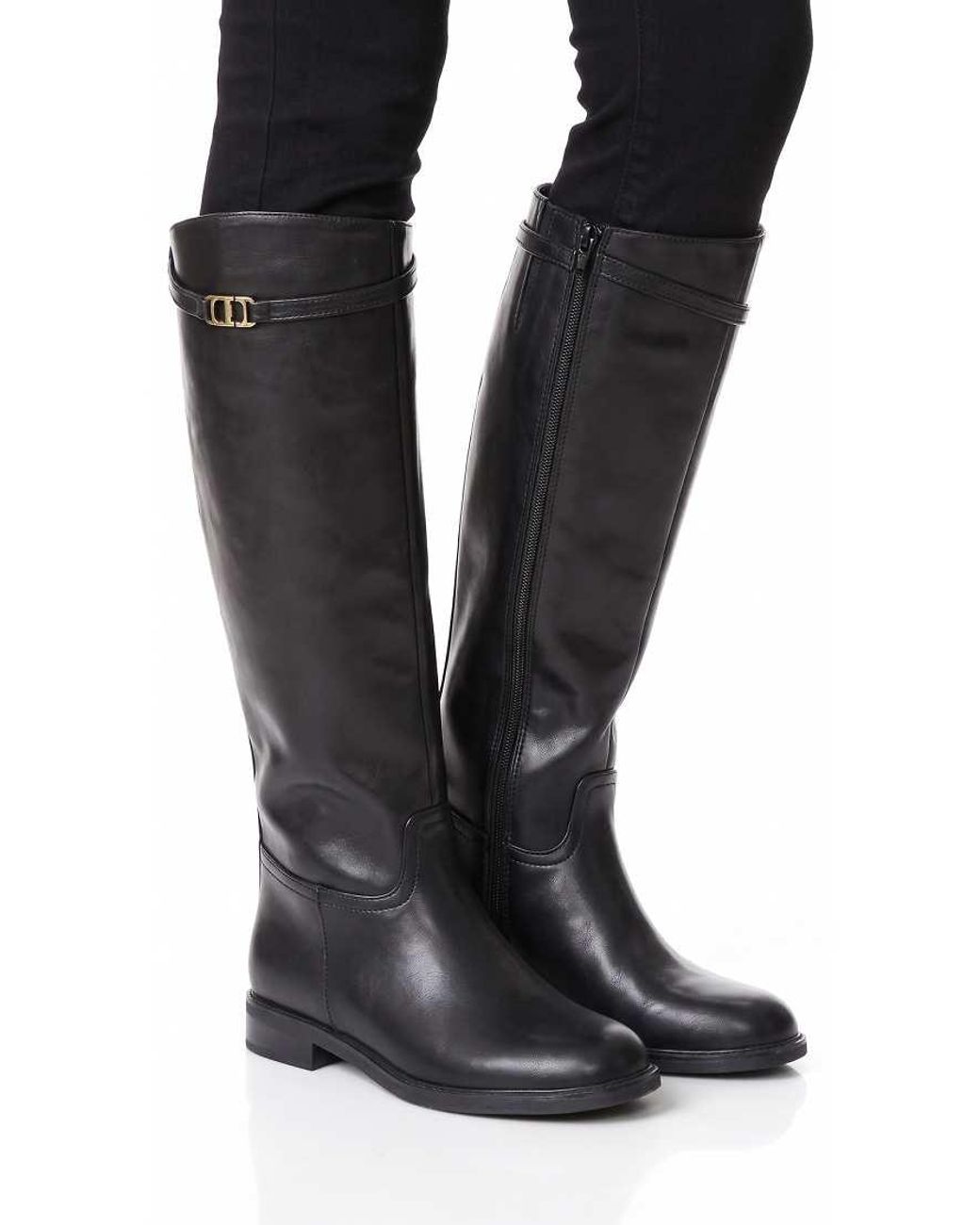 SEQWL Black Knee High Riding Boots With Low Block Heels And Round Toe