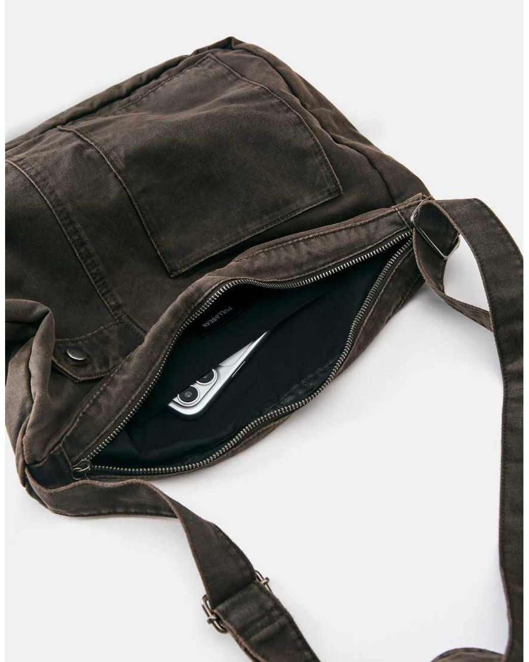 Pull&Bear Black Waxed Canvas Crossbody Bag for men
