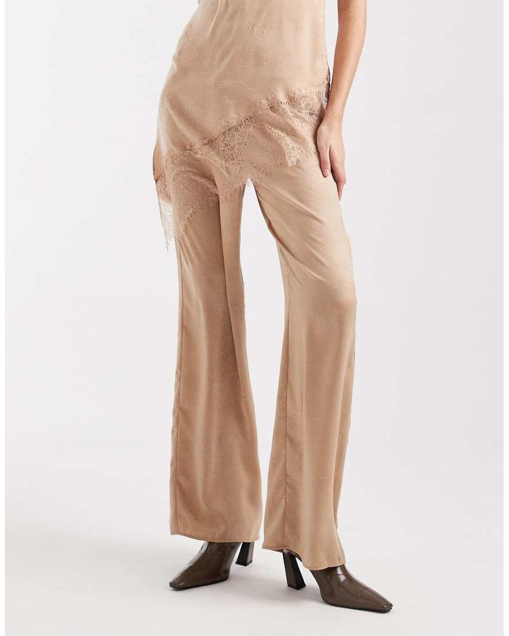 ASOS Natural Crinkle Satin Wide Leg Pull On Trouser