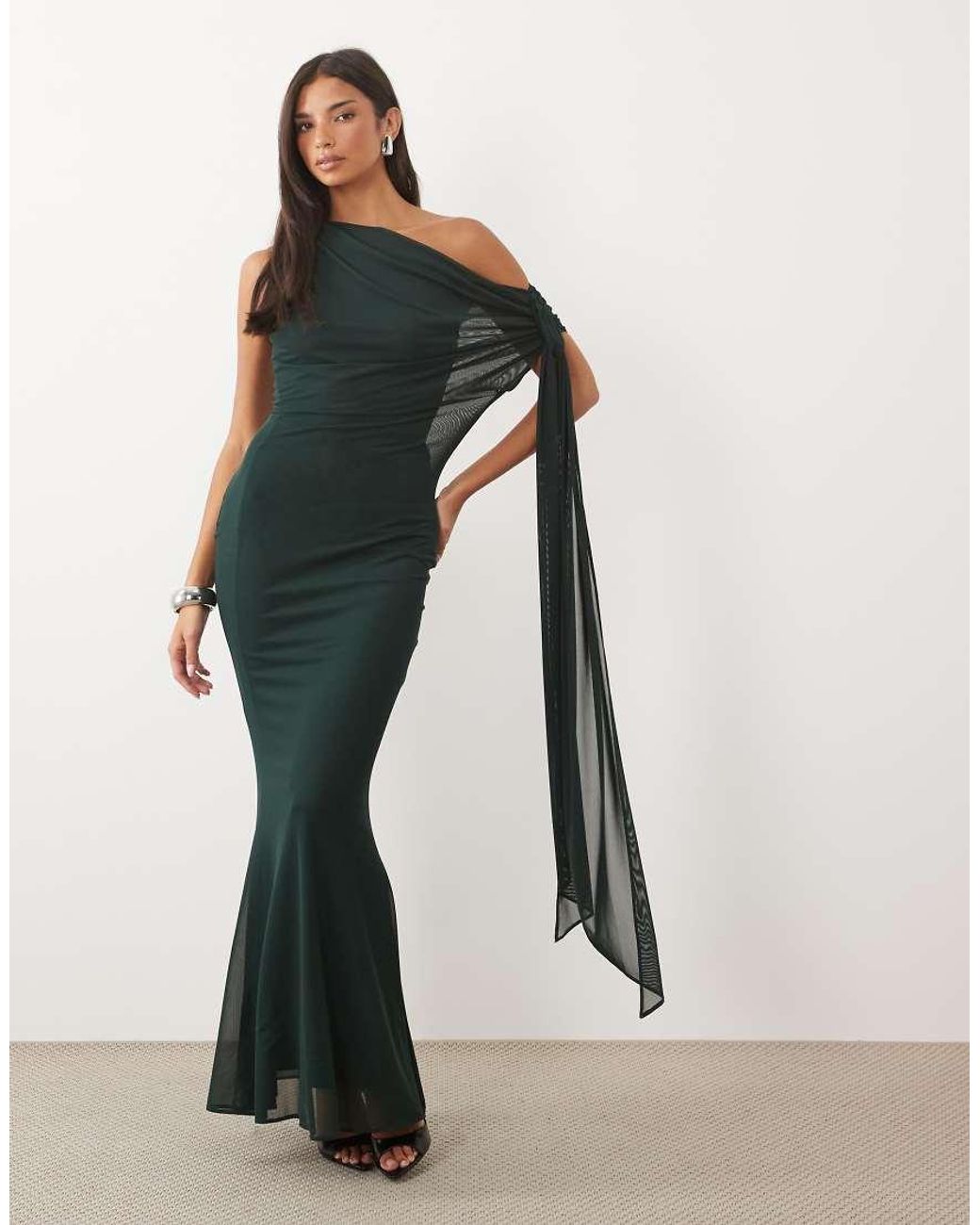 TFNC London Blue Mesh Draped One-shoulder Tie-detail Maxi Dress