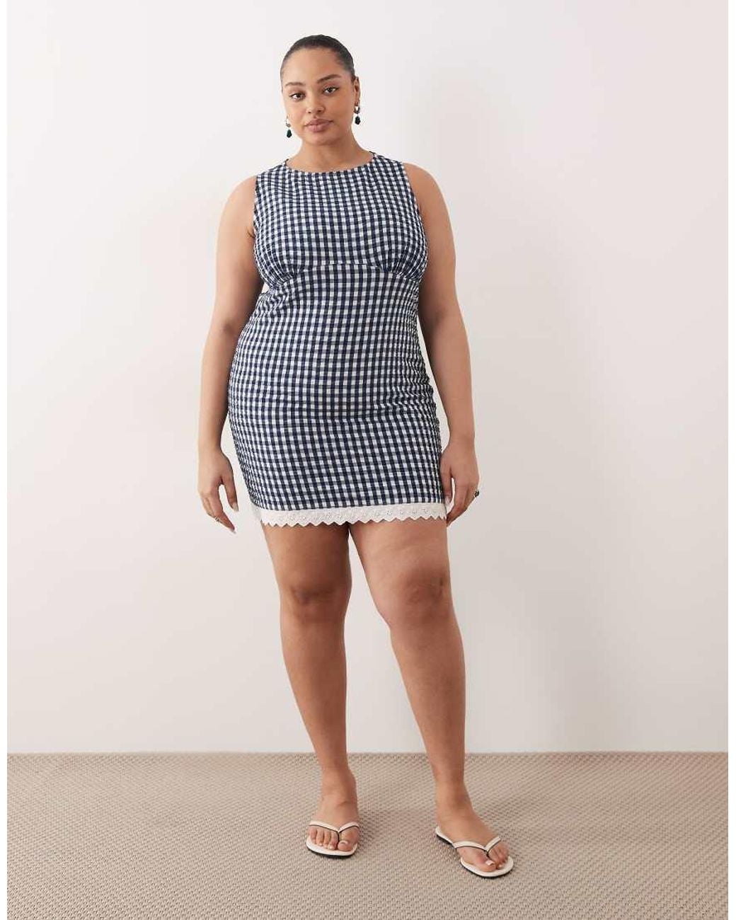 ASOS Blue Asos Design Curve Slash Neck Mini Sundress With Sculpted Bust And Broderie Hem