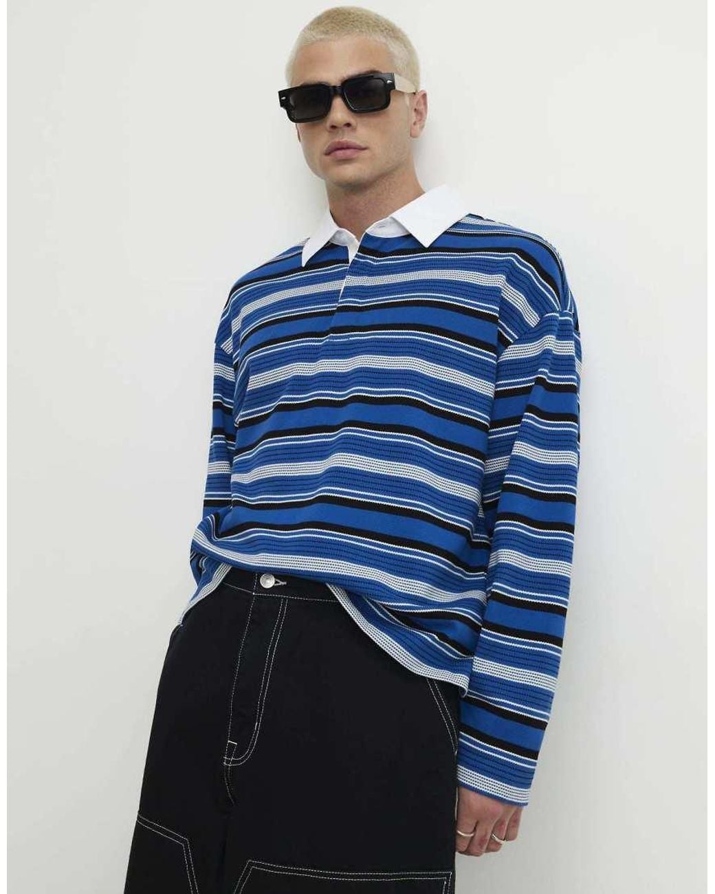 River Island Blue Oversized Fit Cotton Striped Polo Shirt for men