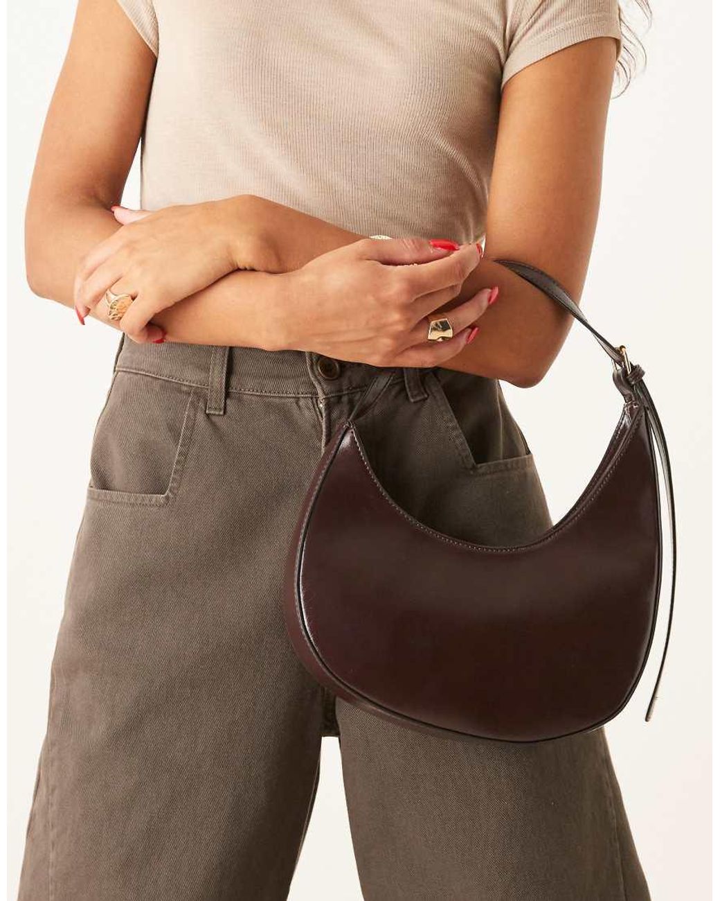 ASOS Brown Asymmetric Scoop Shoulder Bag With Buckle Detail