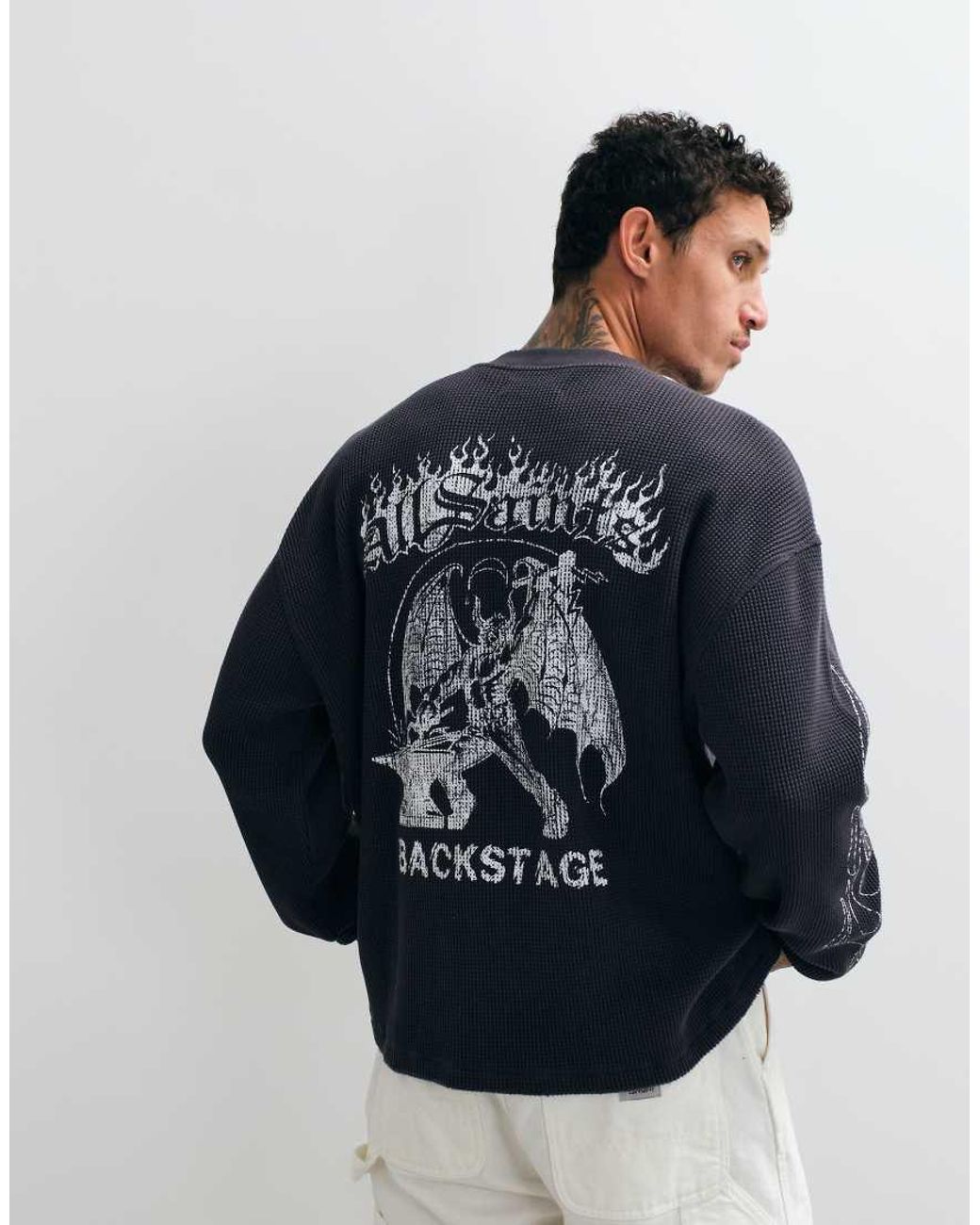 AllSaints Blue Incendo Long Sleeve Graphic Logo Waffle T-Shirt With Back Print for men