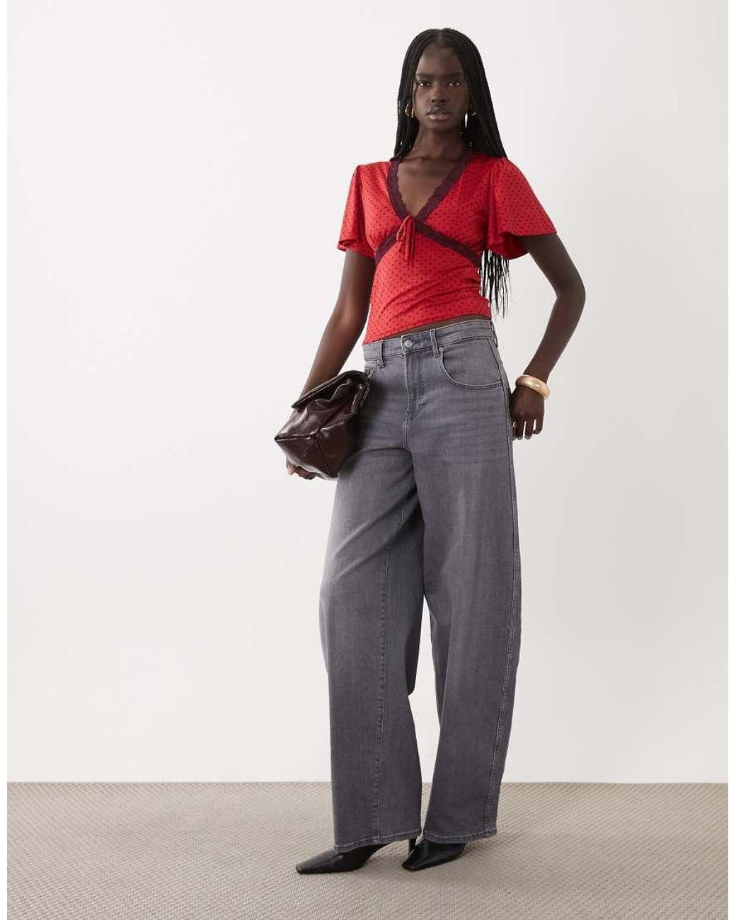 Miss Selfridge Red Tea Top With Lace Trim