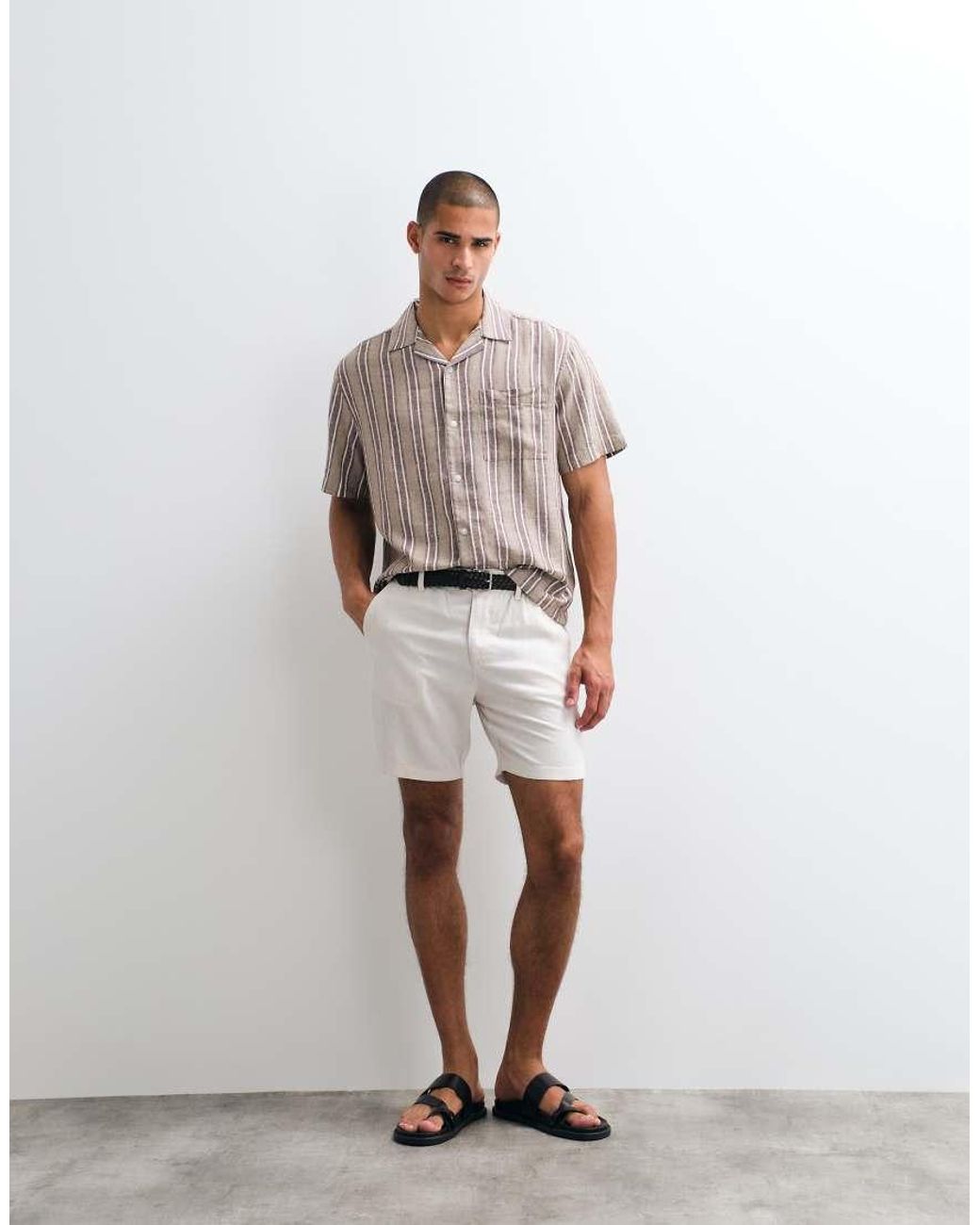 ASOS Natural Relaxed Linen Blend Stripe Shirt for men