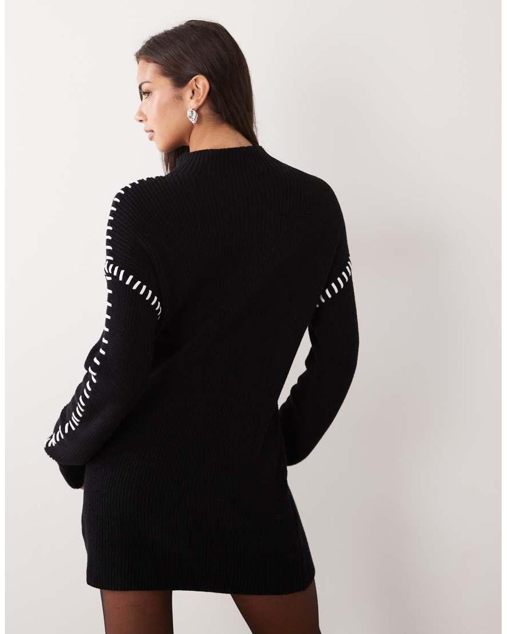 Aria Cove Black Knitted Oversized Contrast Stitch Mini Jumper Dress