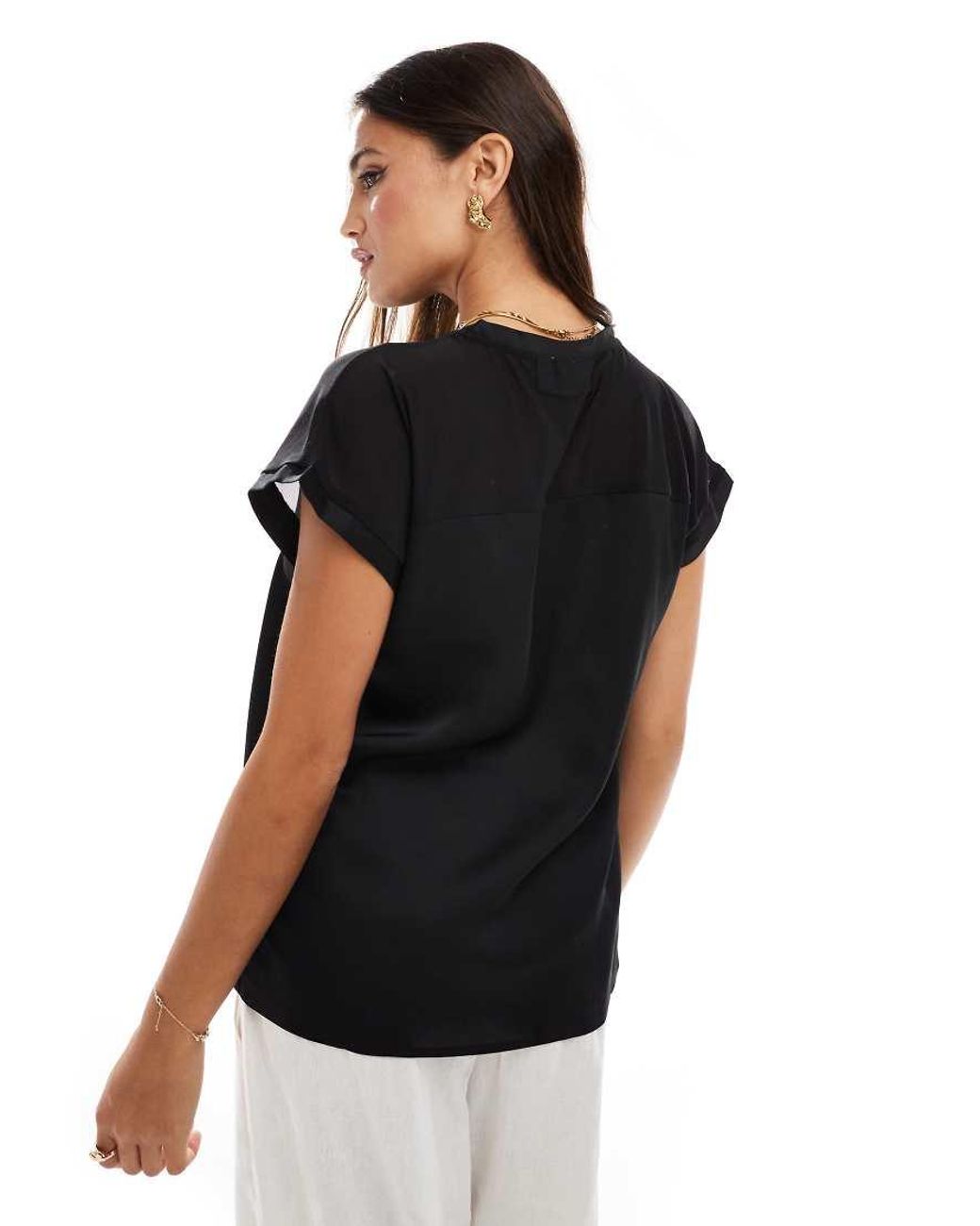 Vila Black Mesh Detail T-shirt With Turn Up Sleeve