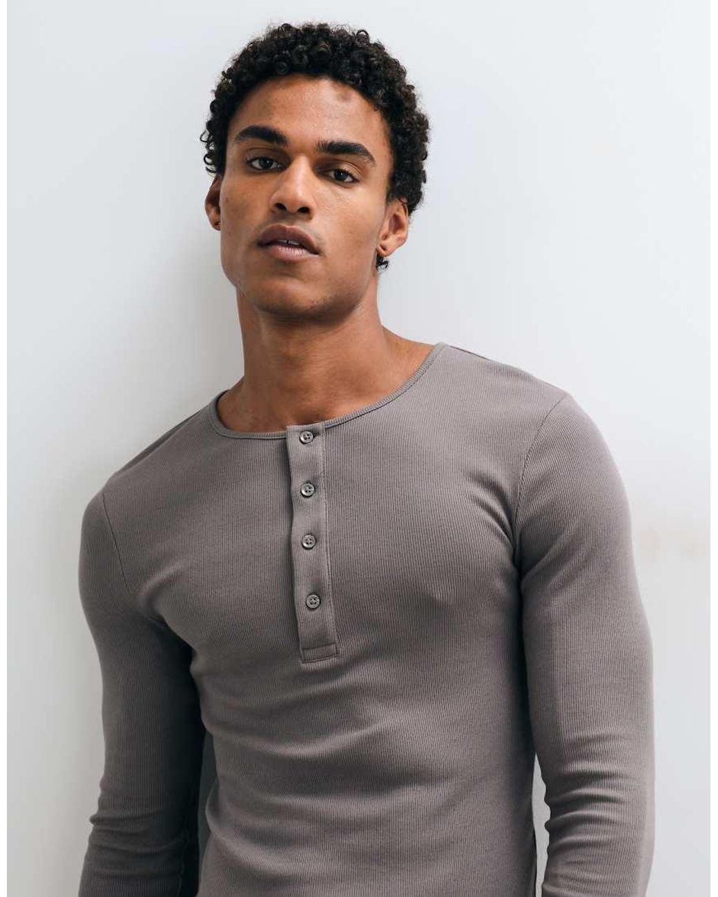 Collusion Gray Long Sleeve Fitted Henley T-shirt for men
