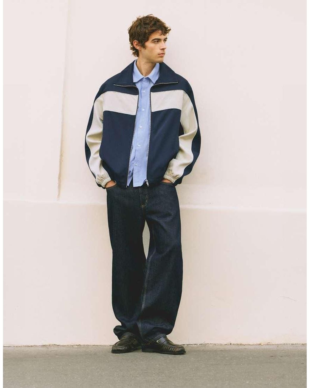 Pull&Bear Blue Zip-Up Panelled Jacket for men