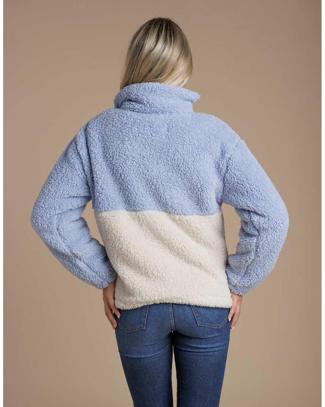 French Connection Blue Borg Colourblock High Neck 1/2 Zip Fleece Pullover