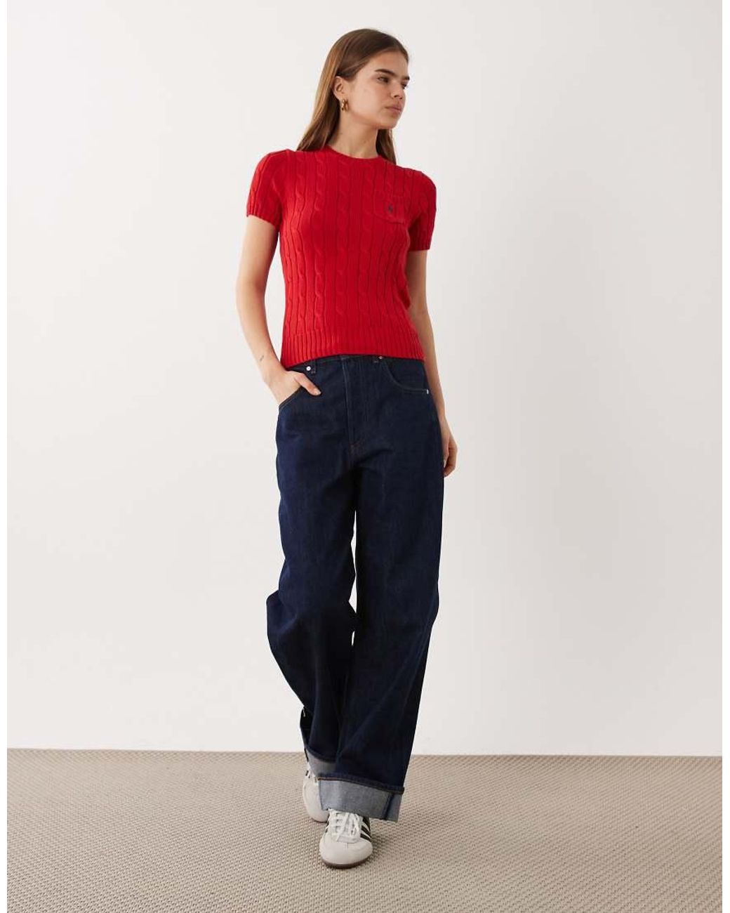 Polo Ralph Lauren Red Icon Logo Cotton Cable Knit Short Sleeved Jumper