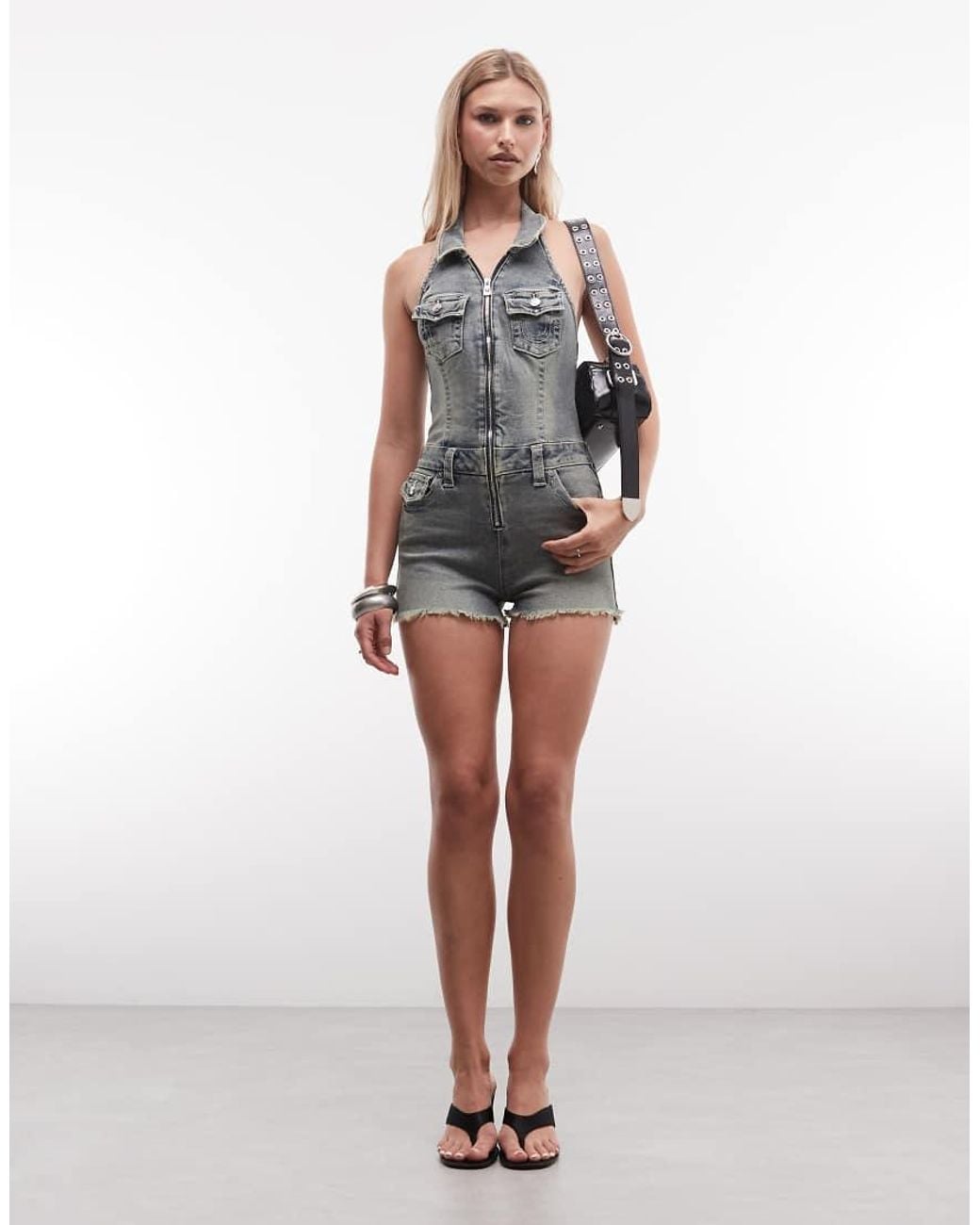 True Religion Multicolor Jennie Denim Zip Up Halterneck Romper