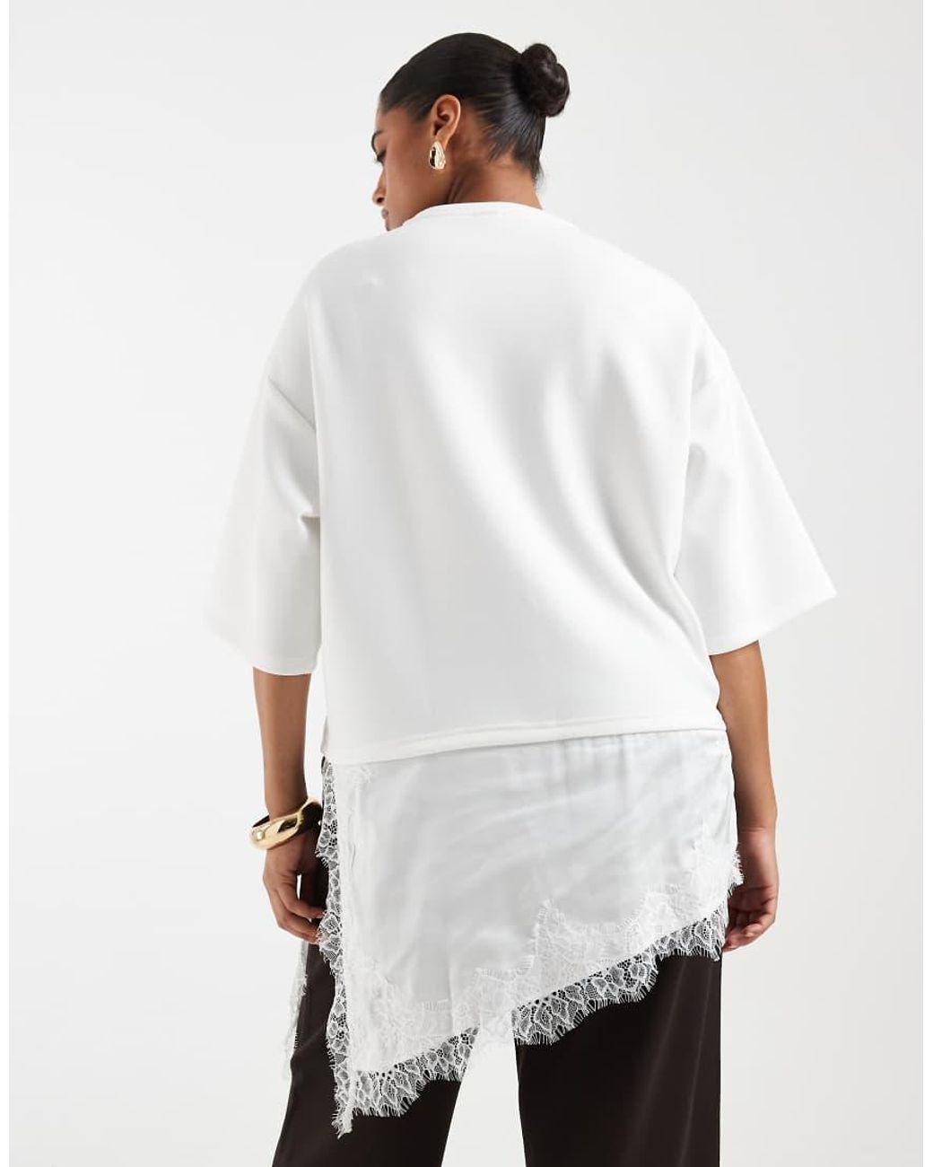 Vero Moda White Oversized Asymmetric T-shirt With Lace Trim