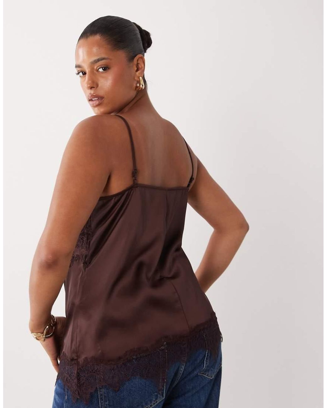 ASOS Brown Asos Design Curve Satin Lace Trim Long Line Satin Cami Top