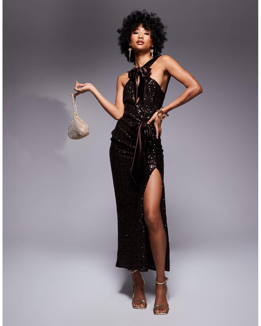 ASOS Sequin Maxi Dress With Velvet Bows in Brown | Lyst