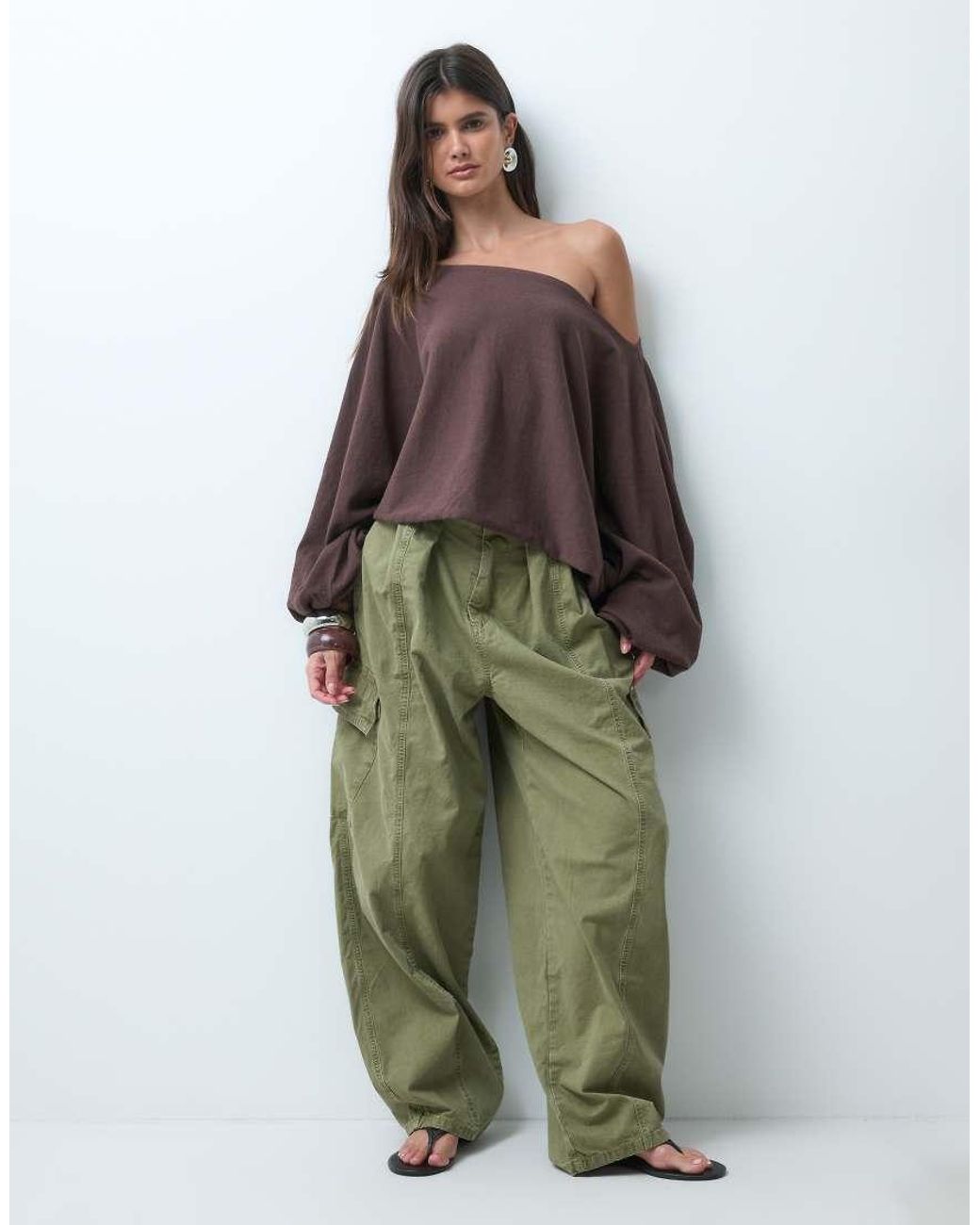 ASOS Brown Slash Neck Cuffed Sleeve Batwing Jumper