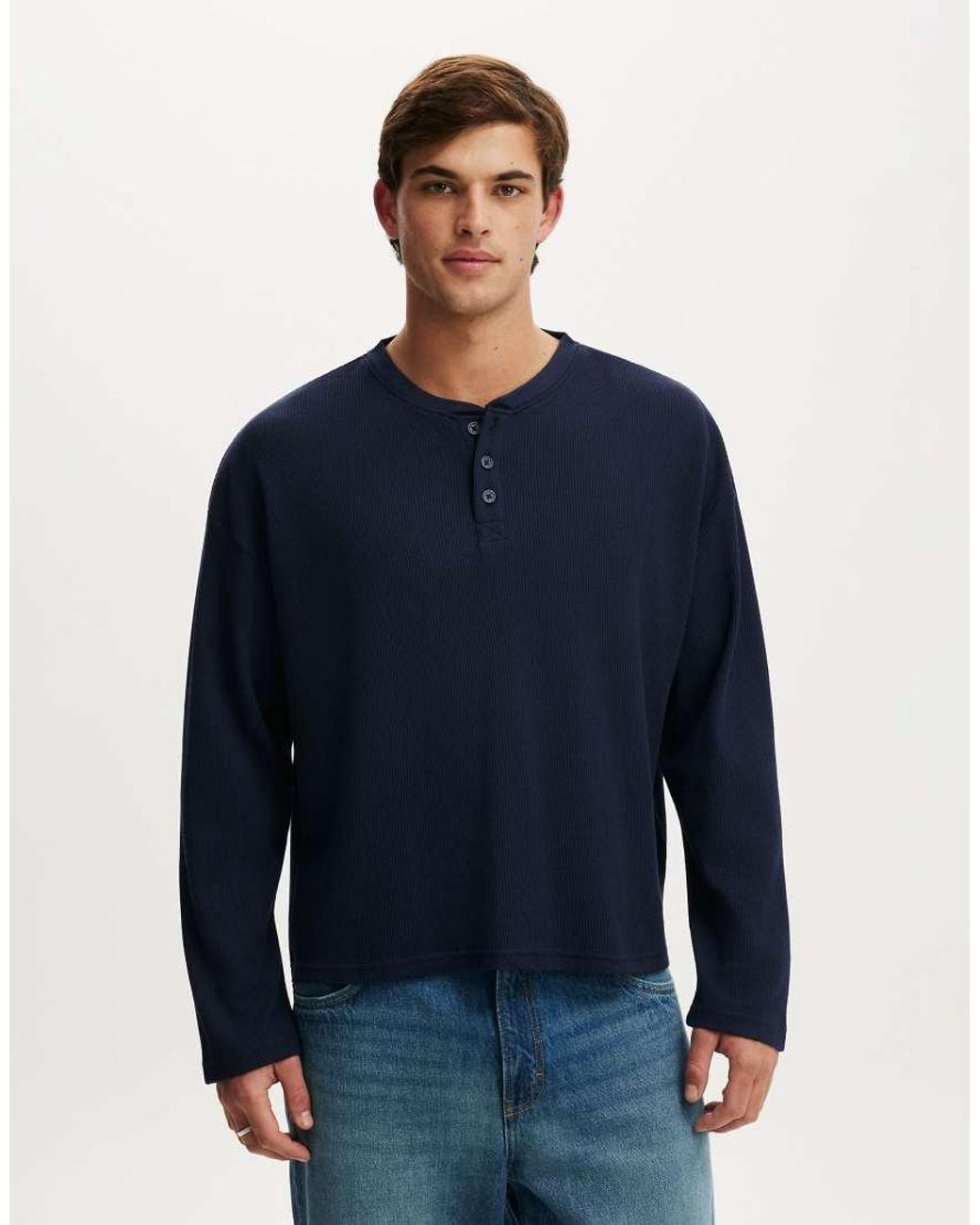 Cotton On Blue Relaxed Fit Textured Henley Long Sleeve for men