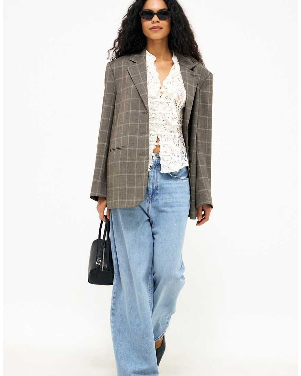 NA-KD Gray Alex Maxi Oversized Checked Blazer