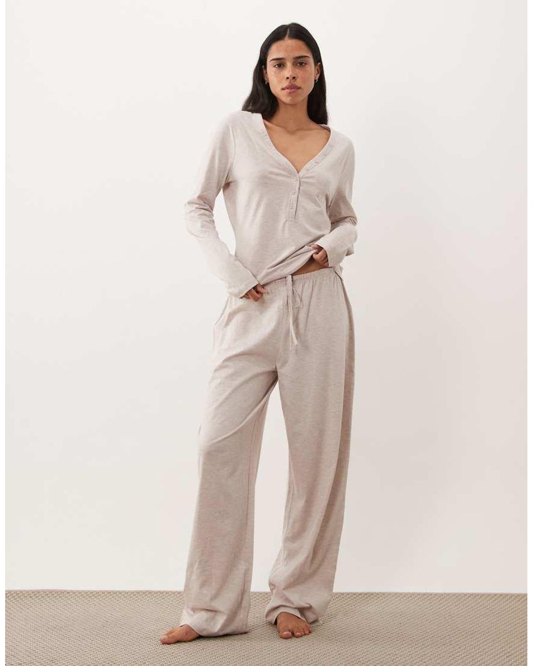 ASOS Natural Mix & Match Long Sleeve Plunge Henley Pyjama Top