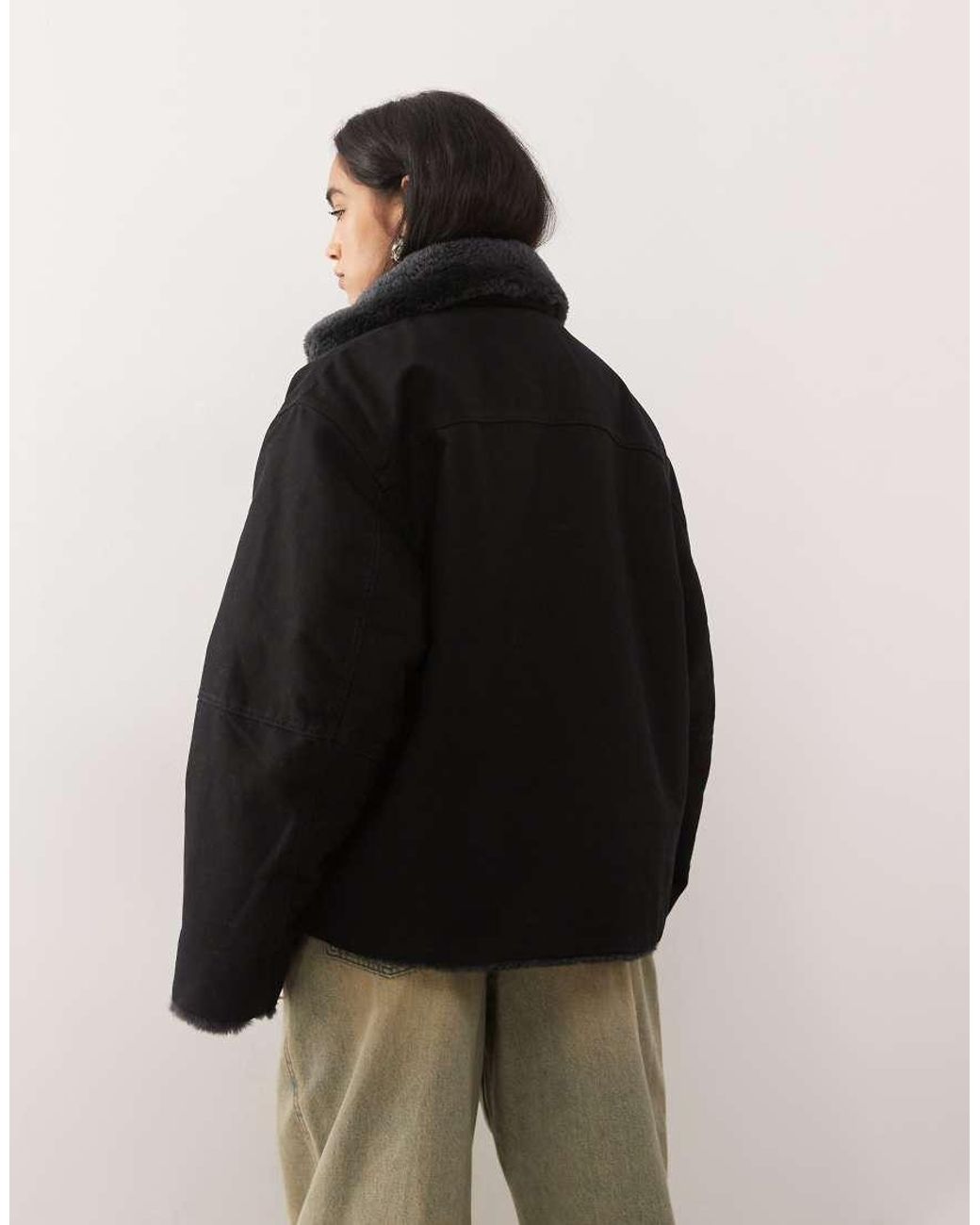 Weekday Black Canvas Jacket With Faux Fur Collar