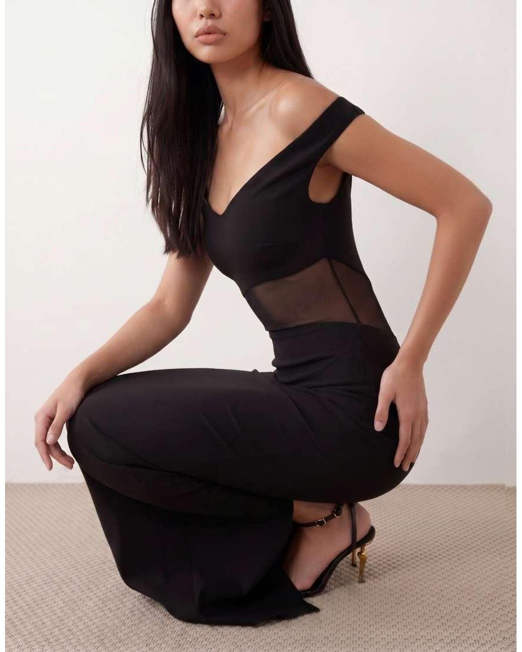 Vesper Black Bengaline Sweetheart Neckline Off Shoulder Mesh Panel Maxi Dress