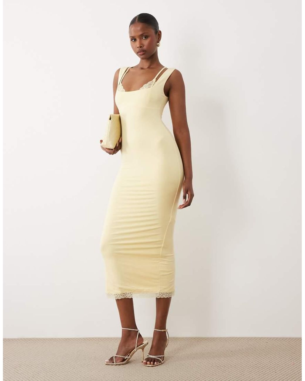 Oh Polly Modal Lace Bralette Detail Midi Dress in Natural