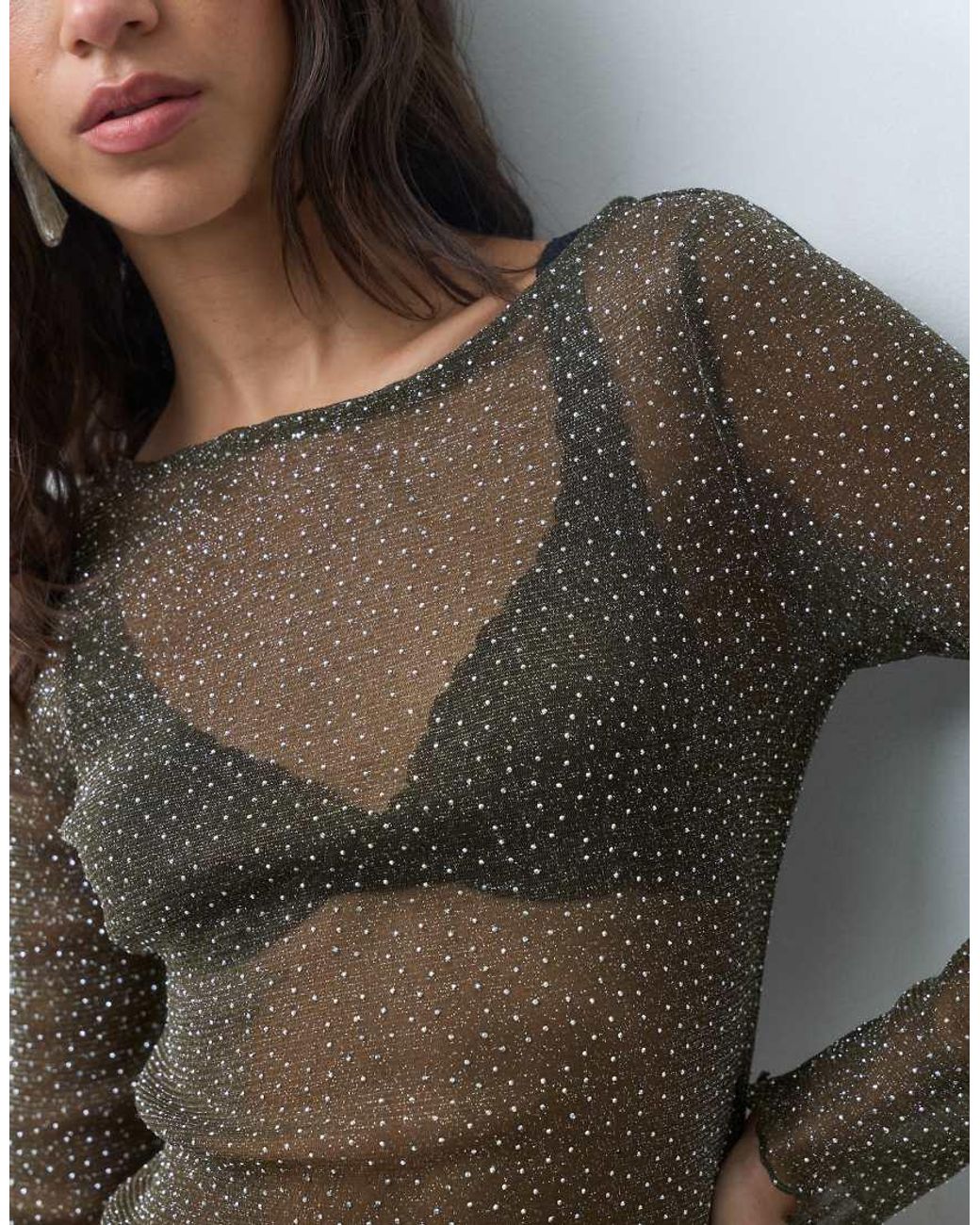 Miss Selfridge Brown Hotfix Mesh Long Sleeve Top