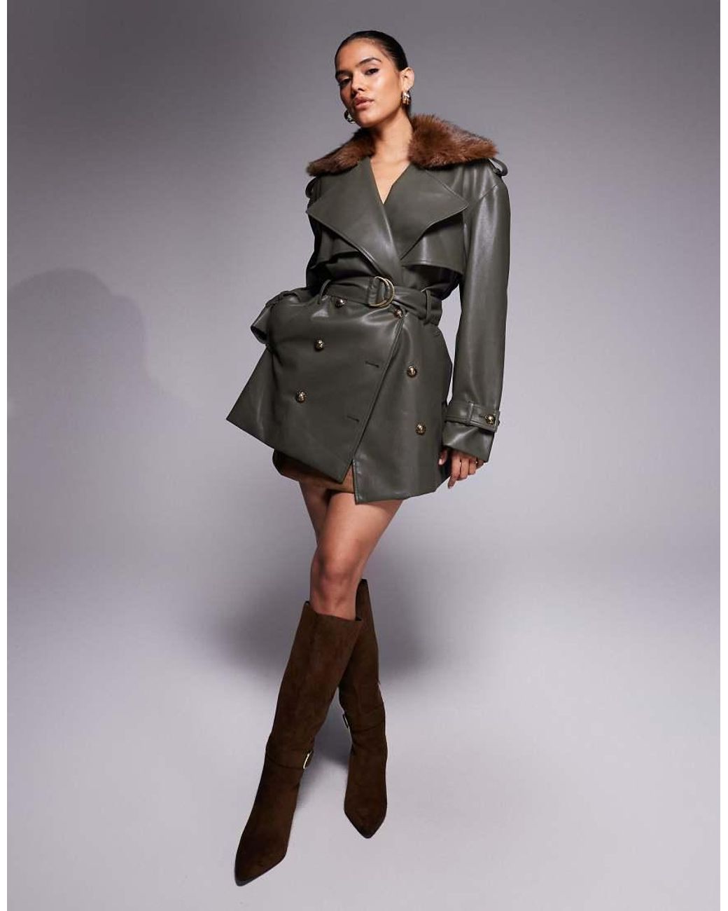 Bardot Gray Leather Look Faux Fur Collar Trench Coat
