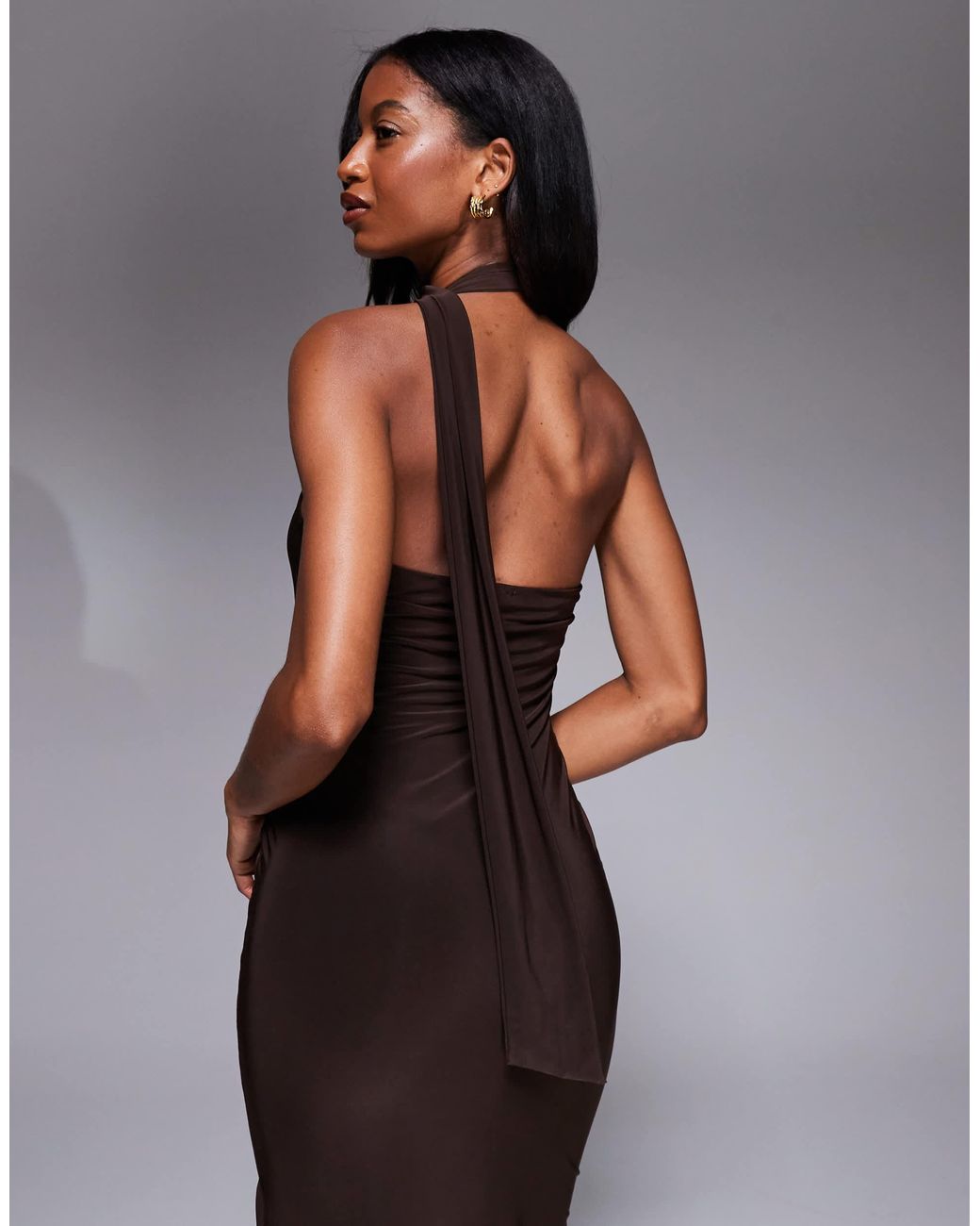 Kaiia Exclusive Double Layered Slinky Scarf Neck Detail Maxi Dress in Brown 