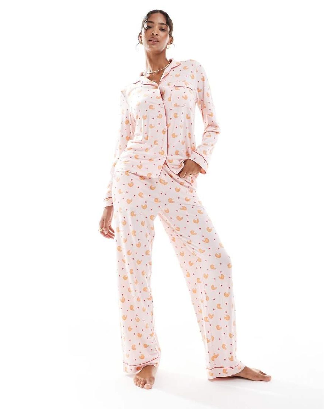 Chelsea Peers Pink Poly Long Sleeve Revere Pyjama Set