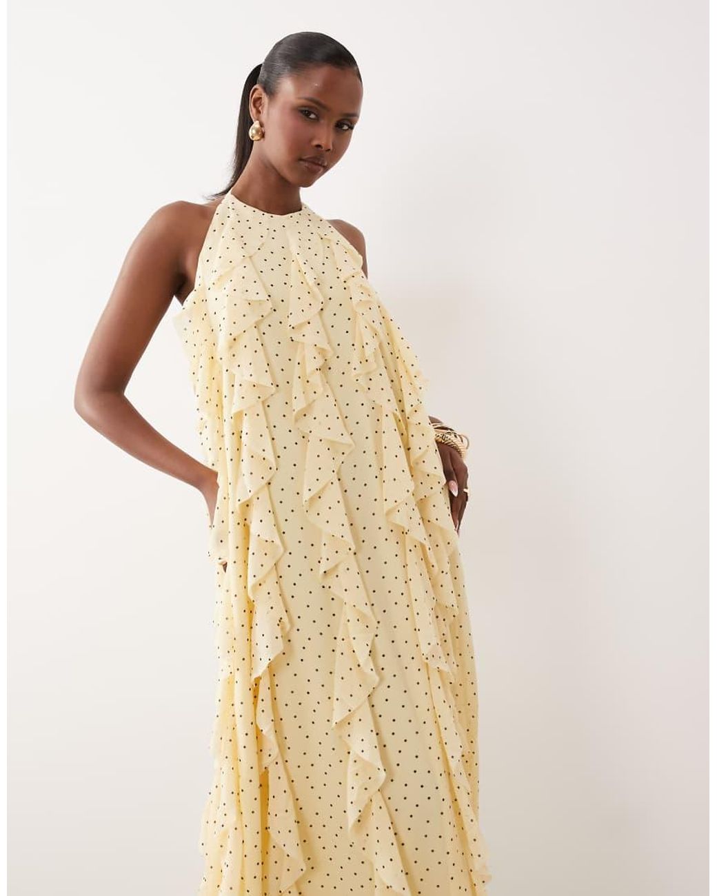 Y.A.S Natural Halter Neck Ruffle Maxi Dress