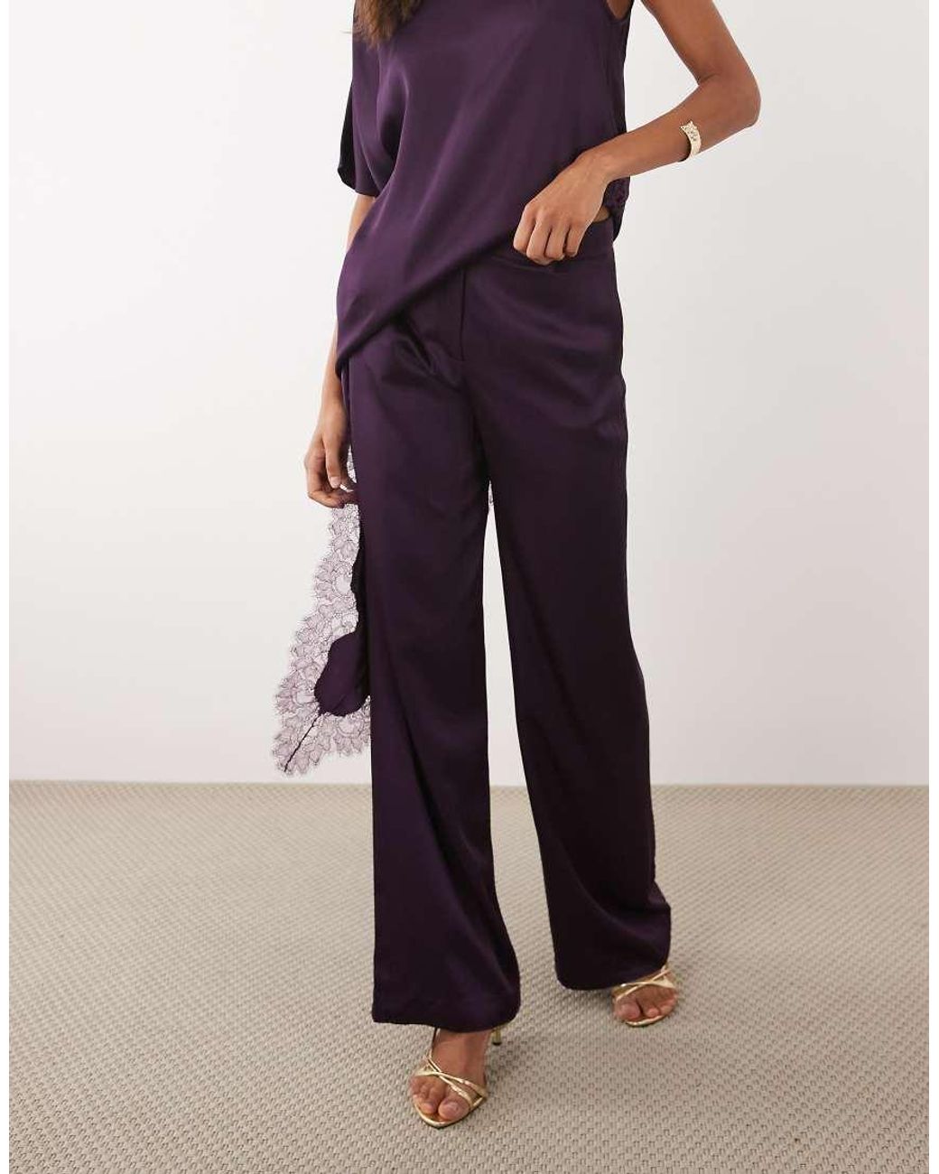 Mango Purple Yazmin Round Neck Half Sleeve Asymmetric Lace Detailed Satin Top
