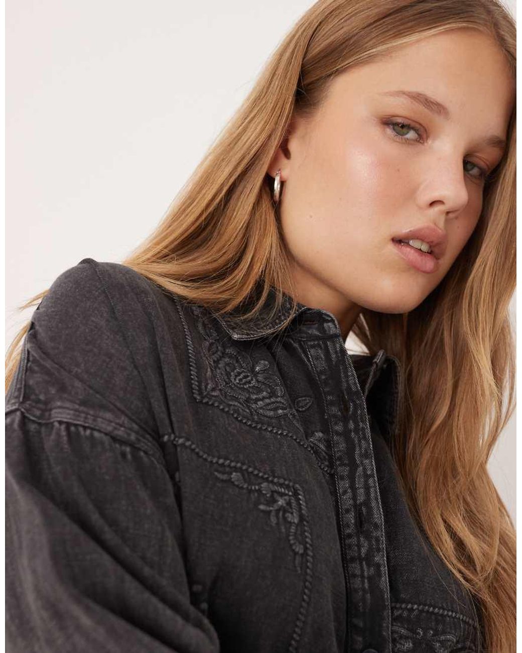 ASOS Gray Mini Twill Shirt Dress With Patchwork Embroidery