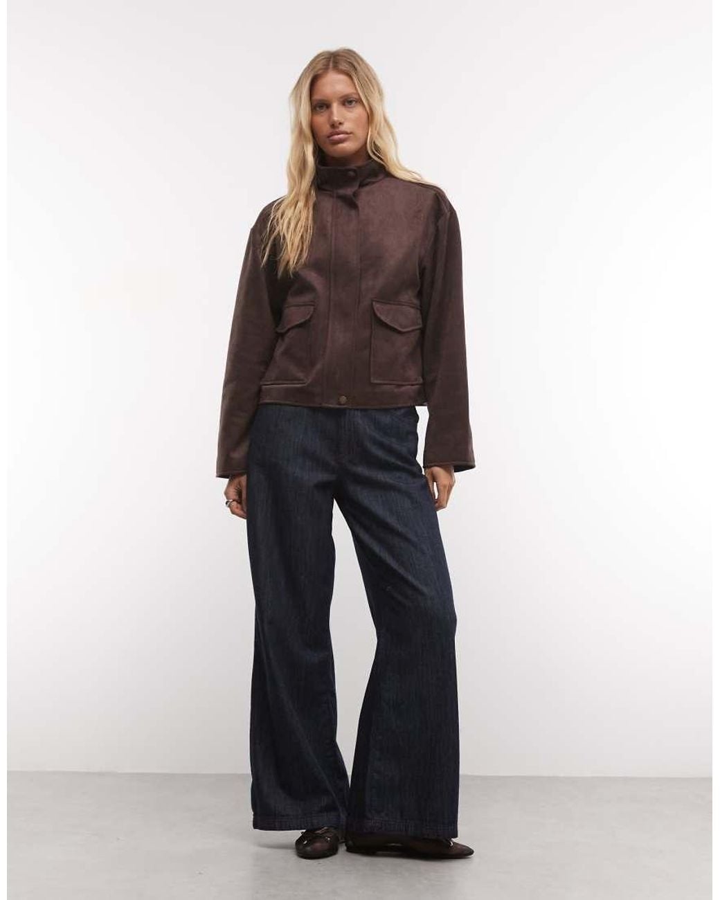 French Connection Brown Faux Suede Funnel Neck Jacket